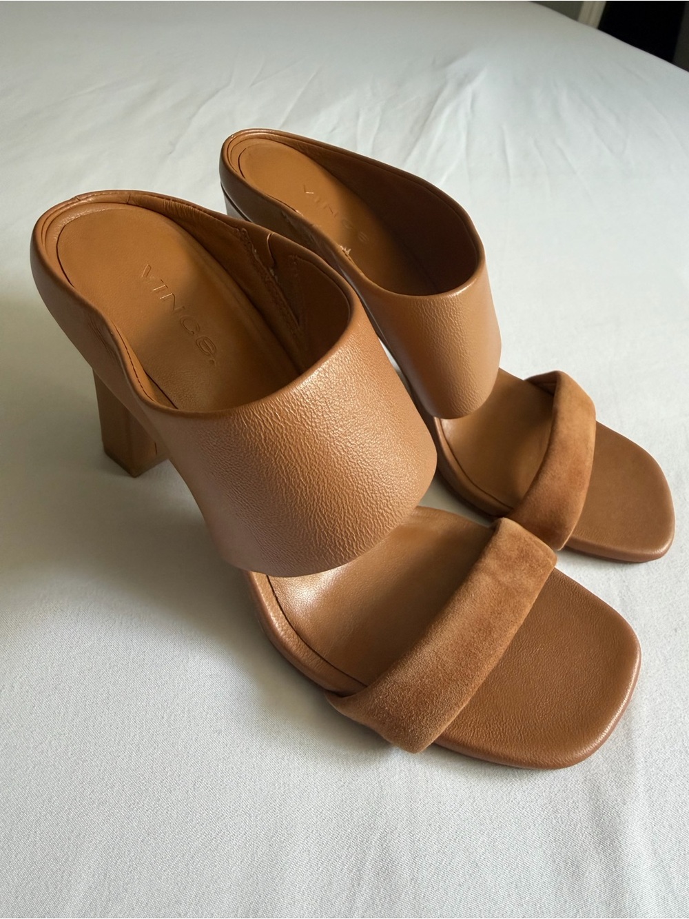 Vince "Quinn" Brown Tan Suede Leather High Block Heel Mule Sandals - Picture 5 of 15